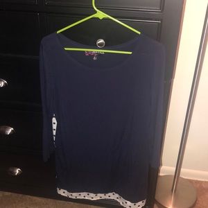 Navy blue top with polka dots
